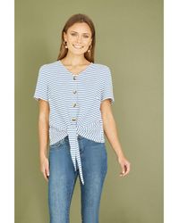 Yumi' - Striped Jersey Button Detail Top Cotton - Lyst