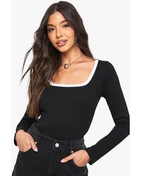 Boohoo - Rib Contrast Binding Square Neck Long Sleeve Bodysuit - Lyst