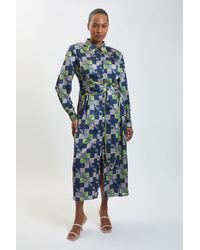 Karen Millen - Plus Size Geo Print Hammered Satin Tie Waist Woven Midi Dress - Lyst