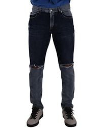 Dolce & Gabbana - Two Tone Tattered Cotton Slim Denim Jeans Material_Cotton - Lyst