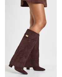 Boohoo - Faux Suede Knee High Fold Over Buckle Boots - Lyst