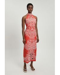 Karen Millen - Cotton Cutwork Woven Halter Midi Dress - Lyst