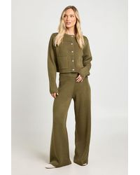 Boohoo - Petite Pocket Detail Crew Neck Knitted Cardigan And Wide Leg Trouser - Lyst