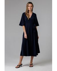 French Connection - V- Neck Bell Sleeve Wrap Tie Crepe Midi Dress - Lyst