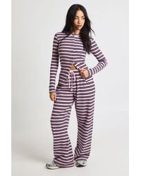 Boohoo - Stripe Rib Button Through Long Sleeve Top - Lyst