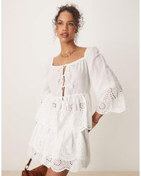 Glamorous - Boho Lightweight Broderie Cutwork Tie Front Blouse - Lyst