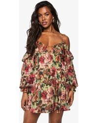 Boohoo - Floral Printed Chiffon Cold Shoulder Layered Mini Dress - Lyst