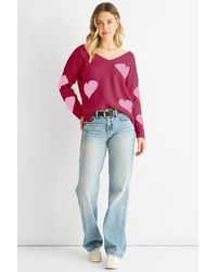Gini London - Roter Pullover Mit V-Ausschnitt Und Übergroßem Herzmuster - Lyst