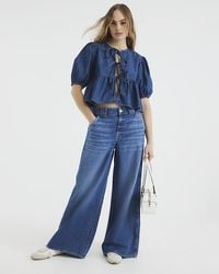 River Island - Top Denim Puff Sleeve Tie Front Cotton - Lyst