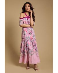 Oasis - Petite Bow Detail Halter Neck Bardot Dress - Lyst