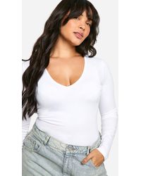 Boohoo - Plus Cotton Plunge Long Sleeve Bodysuit - Lyst