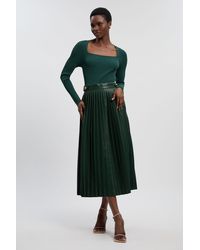 Karen Millen - Viscose Rib Pu Mix Tab Detail Pleated Knit Midi Dress - Lyst