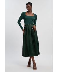 Karen Millen - Viscose Rib Pu Mix Tab Detail Pleated Knit Midi Dress - Lyst