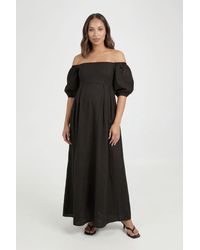 Boohoo - Maternity Linen Puff Sleeve Bardot Maxi Dress - Lyst