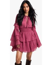 Boohoo - Chiffon Long Sleeve Ruffle Mini Dress - Lyst