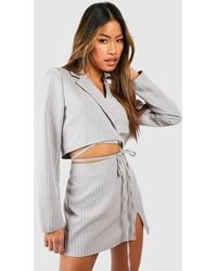 Boohoo - Pinstripe Tie Waist Cropped Blazer - Lyst