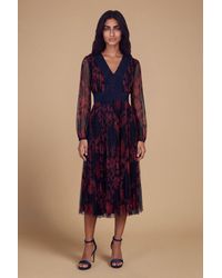 Oasis - Petite V Neck Button Detail Printed Mesh Midi Dress - Lyst