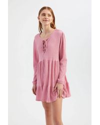 Hiccup - Smocked Round Neck Tie Front Tiered Long Sleeve Mini Dress - Lyst