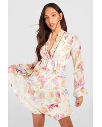 Boohoo - Tall Blurred Floral Tiered Ruffle Crochet Smock Dress - Lyst