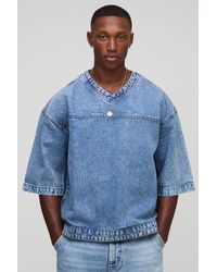 BoohooMAN - Oversized Boxy V Neck Denim Hockey T-Shirt - Lyst