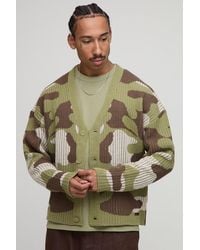 BoohooMAN - Oversized Boxy Ribbed Camo Knitted Cardigan - Lyst