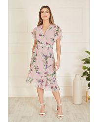 Yumi' - Blush Wrap Over Midi Dress With Frill Details And Matching Belt - Lyst