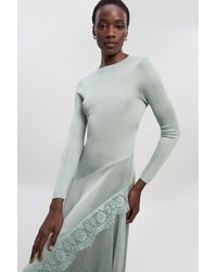 Karen Millen - Viscose Blend Slinky Sheer Lace Detail Asymmetric Knit Maxi Dress - Lyst