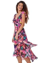 Roman - Floral Shirred Waist Ruffle Midi Dress - Lyst