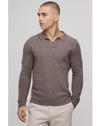 BoohooMAN - Regular Fit Revere Cotton Blend Long Sleeve Knitted Polo - Lyst