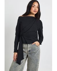 Boohoo - Asymmetric Neck Drape Detail Long Sleeve Top - Lyst