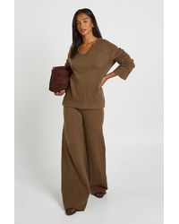 Boohoo - Petite V Neck Detail Jumper And Wide Leg Trouser Co-Ord - Lyst