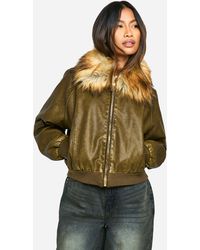Boohoo - Faux Fur Collar Vintage Look Leather Bomber Jacket - Lyst