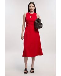 Karen Millen - Petite Compact Stretch Belted Seamed Full Skirted Midi Dress - Lyst