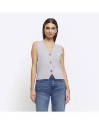 River Island - Waistcoat Grey Knitted Button Up Viscose - Lyst