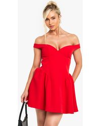 Boohoo - Bardot Structured Volume Skater Mini Dress - Lyst