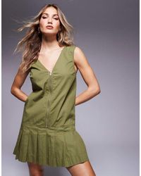ASOS - Zip Through Mini Twill Pinny Dress With Pleated Skirt - Lyst