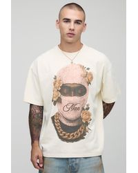 BoohooMAN - Ecru Oversized Floral Ski Mask Printed Washed T-Shirt - Lyst
