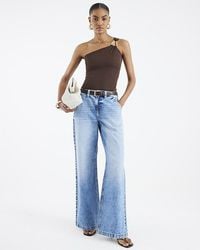 River Island - Wide Leg Jeans Belted Low Rise Baggy Cotton - Lyst