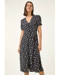 Roman - Polka Dot Ruched Sleeve Midi Dress - Lyst