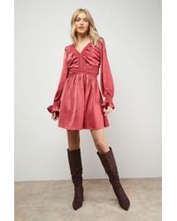 Oasis - Lace Trim Gathered V Neck Mini Dress - Lyst
