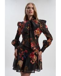 Karen Millen - Print Organdie High Neck Woven Mini Dress - Lyst