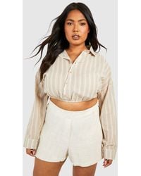 Boohoo - Plus Stripe Linen Look Gathered Hem Crop Shirt - Lyst