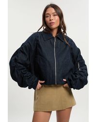 Boohoo - Ruched Sleeve Denim Bomber Jacket - Lyst