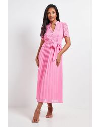 Wallis - Petite Lace Collarless Pleated Midi Dress - Lyst