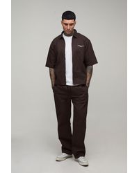 BoohooMAN - Tall Oversized Pocket Embroidered Twill Zip Up Shirt & Relaxed Trouser Set - Lyst