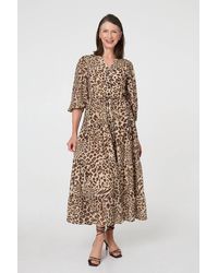 Izabel London - Animal Print 3/4 Puff Sleeve Midi Dress - Lyst