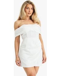 Boohoo - Satin Ruched Bardot Drape Detail Mini Dress - Lyst