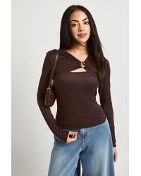Boohoo - Long Sleeve Top With Ruched Asymetric Neck Trim Detail - Lyst