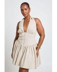 Boohoo - Plus Bengaline Halterneck Button Down Skater Dress - Lyst