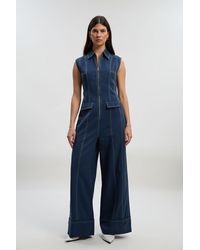 Karen Millen - Tall Tencel Cotton Contrast Stitch Zip Front Woven Jumpsuit - Lyst